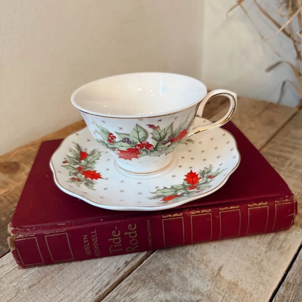 Holiday-themed teacup and saucer set produced by Grace's Teaware